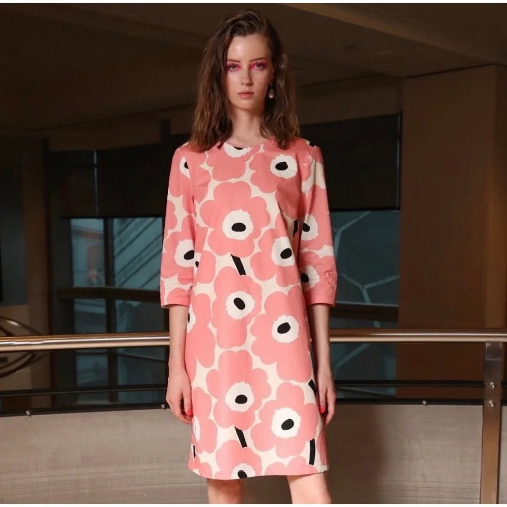 MARIMEKKO Havaittu Pieni Unikko 2 Poplin Dress Pink Floral Shift 38 / US 6